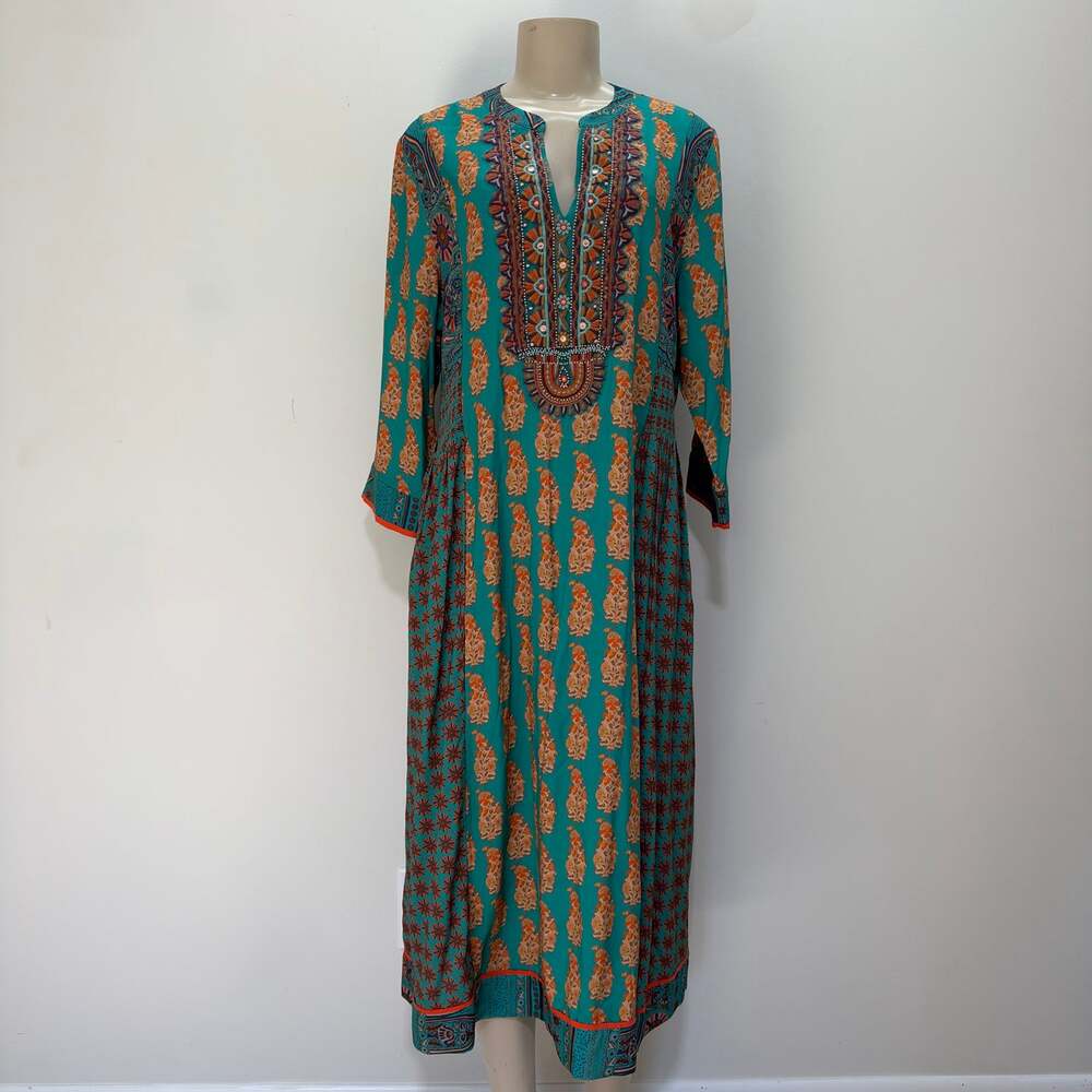 NWT Soft Surroundings Green Paisley Bohemian Dress sz M Artsy Coastal Resortwear